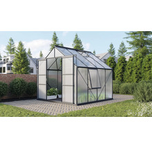 Gewächshaus mit geöffneter Tür in einem Garten.