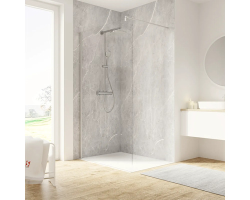 Walk In mit SCHULTE Garant 2.0 90 x 200 cm Profil aluminium Klarglas Begehbare Dusche mit Duschrinne, Brausegarnitur und Wandverkleidung im Badezimmer