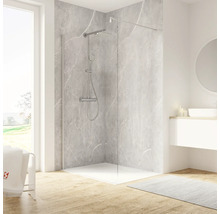 Modernes Badezimmer mit Duschkabine, Duscharmatur und Waschbeckenunterschrank.