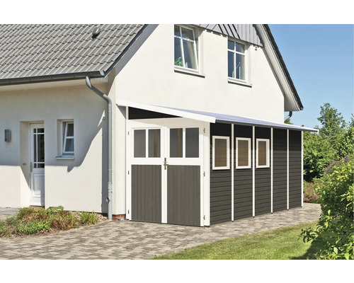 Gartenhaus Karibu Wandlitz inkl. Fenster 181 x 442 cm terragrau Gerätehaus aus Holz mit Doppeltür und Fenstern an einem Wohnhaus