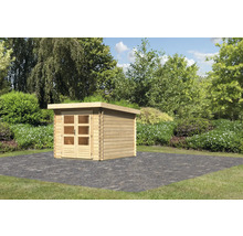 Gartenhaus aus Holz mit Gründach und Doppeltür im Garten