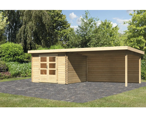 Gartenhaus Karibu Noorvik 5 inkl. Anbaudach 4 m, Rückwand 714 x 333 cm natur Holzgartenhaus mit Doppeltür und überdachtem Bereich
