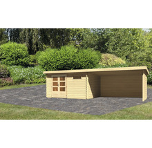 Holzgartenhaus mit seitlichem Anbau im Garten.