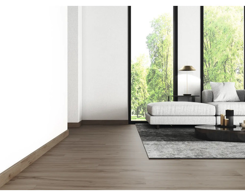 Heller Wohnraum mit Holzboden, Sofa, Teppich und Fenstern