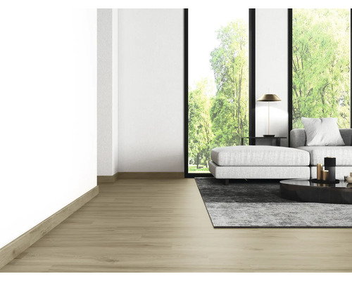 Wohnzimmer mit Holzboden, Sofa, Teppich und Fenstern