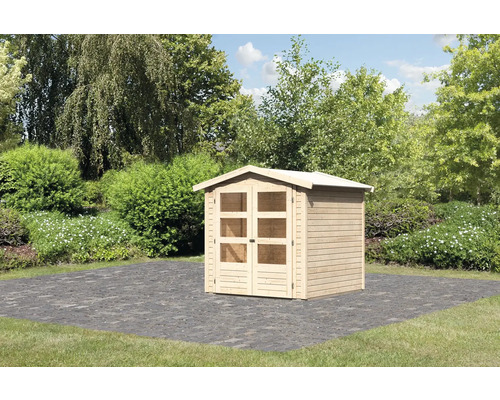 Garten Szene mit Gerätehaus aus Holz mit Doppeltür