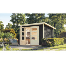 Modernes Gartenhaus mit Büroausstattung und Doppeltür im Garten.