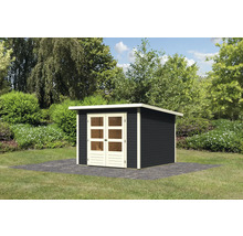 Gartenhaus mit Doppeltür vor grüner Gartenkulisse