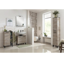 Helles Badezimmer mit Waschtisch, Unterschrank, Spiegelschrank, Hochschrank und Toilette
