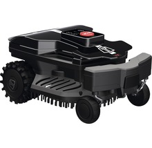 Schwarzer Mähroboter mit Steuerungselementen und Rädern