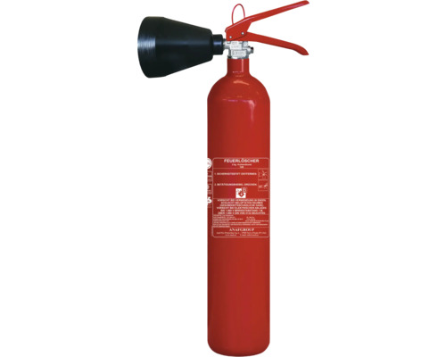 Kohlendioxid Feuerlöscher CO2, 2kg, inkl. Wandhalterung Feuerlöscher mit rotem Behälter und schwarzer Düse