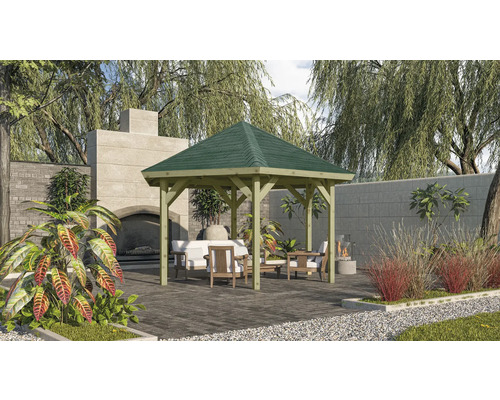 Gartenpavillion Karibu Classic Felm mit Haube und Dachschindeln grün 324 x 370 cm kesseldruckimprägniert