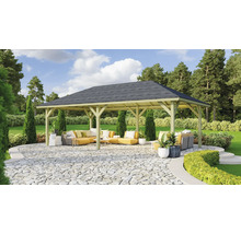 Pavillon mit Dach und Gartenmöbeln auf gepflasterter Fläche