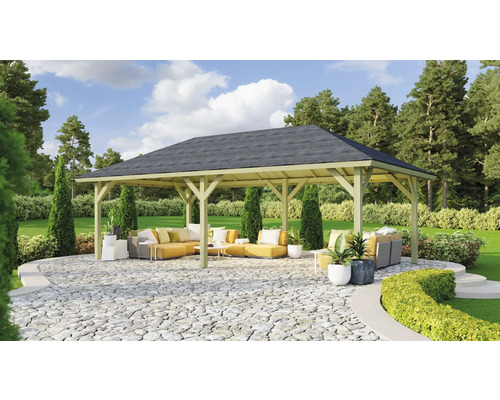 Gartenpavillion Karibu Classic Dannau 2 mit Dachschindeln grau 359 x 706 cm kesseldruckimprägniert