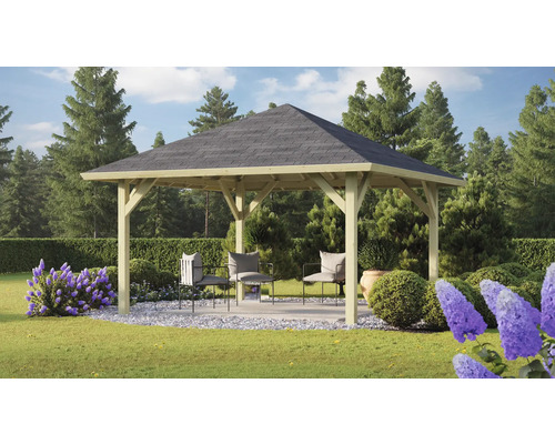 Gartenpavillion Karibu Classic Dannau 1 mit Haube und Dachschindeln grau 359 x 359 cm kesseldruckimprägniert