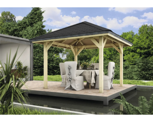 Gartenpavillion Karibu Classic Achtrup 1 265 x 265 cm kesseldruckimprägniert Holzpavillon mit Tisch und Stühlen im Garten