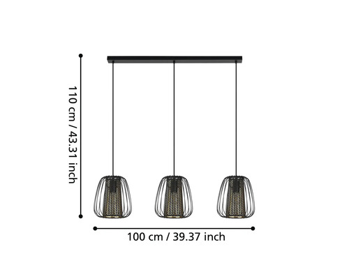 Hängelampe mit drei Leuchten und Abmessungen.
