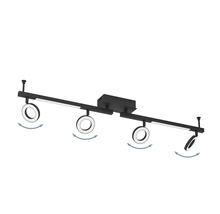 Schwarze LED-Deckenleuchte mit vier Strahlern und verstellbaren Köpfen.