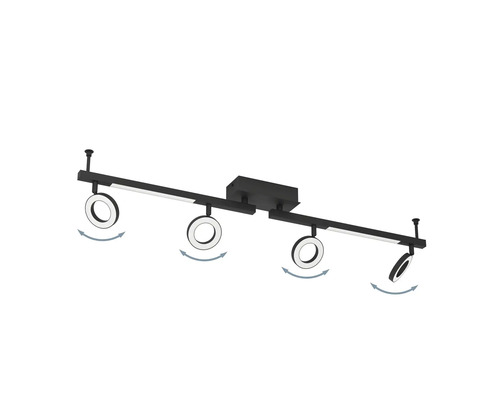 Schwarze LED-Deckenleuchte mit vier Strahlern und verstellbaren Köpfen.
