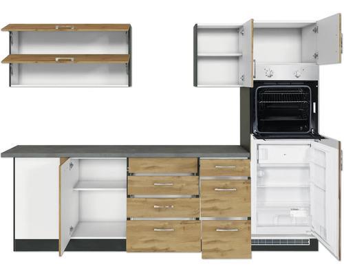 Küchenzeile mit Hängeschränken, Arbeitsplatte, Schubladen und Einbaugeräten