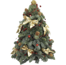 Geschmückter Weihnachtsbaum mit Schleifen, Tannenzapfen und Christbaumkugeln