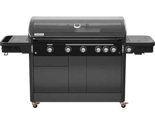 Gasgrill Tenneker 5 Brenner+Seitenbrenner+Rückbrenner schwarz inkl. Grillrost,Deckelthermometer,Grillbesteckhalter,Warmhalterost,Seitenablage,Fettauffangschale,Drehregler mit LED-Beleuchtung ohne Batterien,Hochleistungshitzezone Grillrost Gusseisen