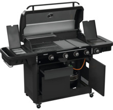 Schwarzer Gasgrill mit vier Brennern, Ablagetischen und offenem Deckel.