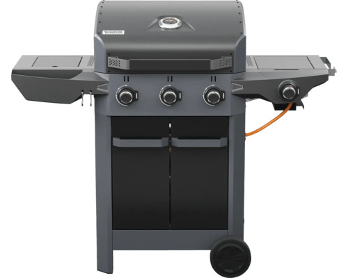 Gasgrill Tenneker 3 Brenner+Seitenbrenner schwarz inkl. Ablage,Deckelthermometer,Warmhalterost,Grillbesteckhalter,Fettauffangschale Grillrost Gusseisen