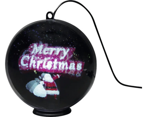 3D Hologrammkugel Konstsmide Merry Christmas 64 LEDs Lichtfarbe bunt inkl. Timer Weihnachtsbaumkugel mit Merry Christmas Schriftzug und Weihnachtsmann Motiv