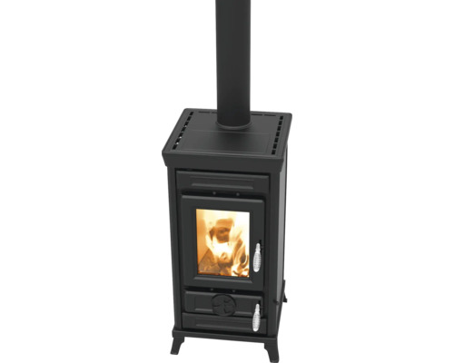 Kaminofen Thermorossi Sofia Evo Easy Gusseisen anthrazit 7,4 kW mit Wärmefach Kaminofen mit Sichtfenster und Rauchrohr