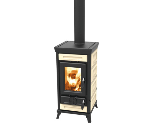 Kaminofen Thermorossi Sofia Evo Gusseisen Keramik beige 7,4 kW mit Wärmefach Kaminofen mit Sichtfenster und Rauchrohr