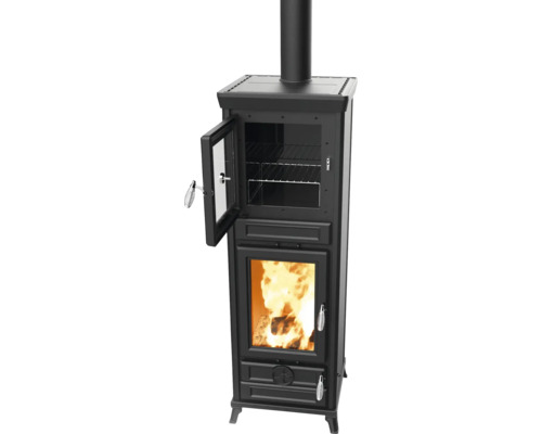 Kaminofen Thermorossi Anna Evo Easy Gusseisen anthrazit 13,8 kW mit Wärmefach Kaminofen mit offener Tür und brennendem Holz