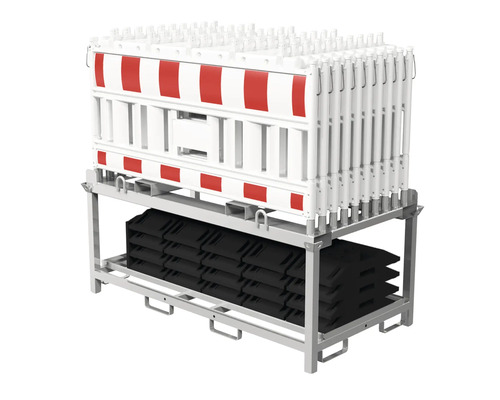 Bauzaunwagen mit Warnbaken und Sandsäcken zur Baustellenabsicherung