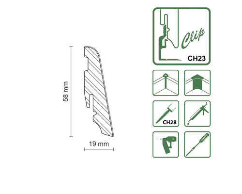 Profilleiste mit den Maßen 58 mm x 19 mm sowie Symbole zur Montage