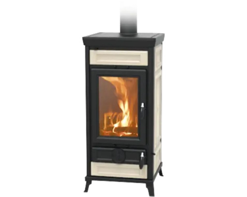 Kaminofen Thermorossi Vittoria Evo Gusseisen Keramik beige 13,2 kW mit Wärmefach Kaminofen mit Brennholz hinter Glas