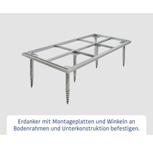 Erdanker zur Befestigung an Bodenrahmen und Unterkonstruktion mit Montageplatten und Winkeln
