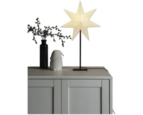 LED Lichtobjekt Papierstern stehend H 65cm Lichtfarbe bernstein Dekoratives Arrangement mit Weihnachtsstern-Lampe, Vase und Zierfigur auf einem Schrank