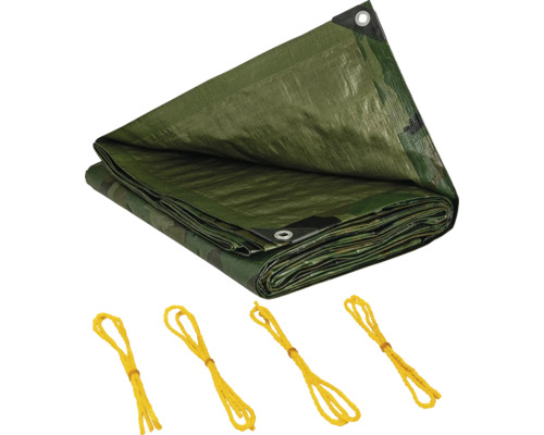 Grüne Abdeckplane mit Ösen und gelben Spanngummis