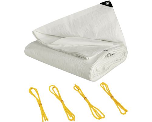 Weiße Schutzplane mit Ösen und gelben Spannseilen