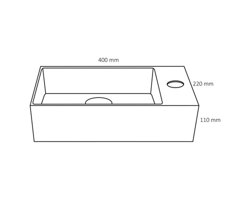 Skizze eines Waschtisches mit den Maßen 400 mm Breite, 220 mm Tiefe und 110 mm Höhe.