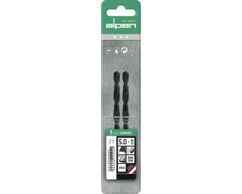 Alpen HSS Sprint Spiralbohrer Set, zwei Stück, 5,0 Millimeter