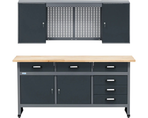 Werkstatt-Set Küpper anthrazit 1700mm bestehend aus Werkbank und Hängeschrank mit Lochwand Werkbank mit Schubladen, Schrank und Lochwand