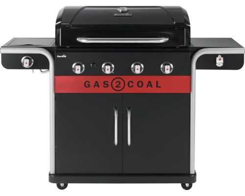 Gasgrill Char-Broil Gas2Coal 440 Hybridgrill 155 x 62,9 x 116,8 cm 4 Brenner + Seitenbrenner schwarz inkl. Ablage, Deckelthermometer, Fettauffangschale, Grillrost, Warmhalterost Gasgrill mit Kohlefunktion und Unterschrank