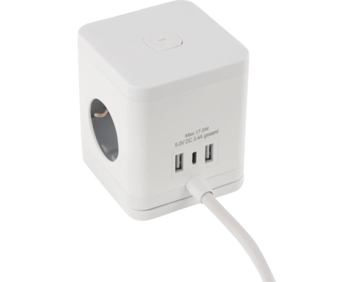Würfelförmige Steckdosenleiste mit USB-Anschlüssen und Netzstecker