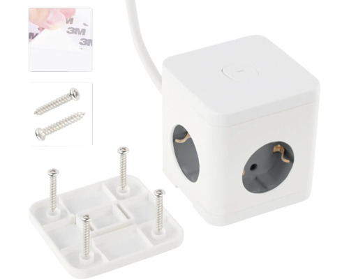 Würfelförmige Steckdosenleiste mit Befestigungsmaterial