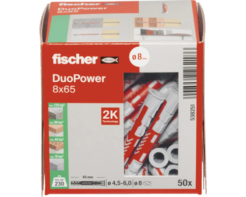 Fischer Dübel DuoPower 8x65, 50 Stück in einer Packung