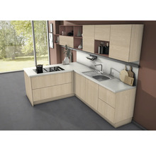 Moderne Küche mit Spüle, Kochfeld und Stauraum in Schränken.