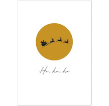 Illustration mit Weihnachtsmann im Schlitten vor gelbem Kreis und dem Schriftzug Ho, ho, ho
