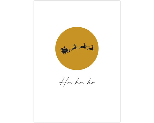 Illustration mit Weihnachtsmann im Schlitten vor gelbem Kreis und dem Schriftzug Ho, ho, ho