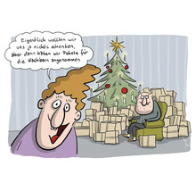 "Cartoon mit Paar, Weihnachtsbaum und vielen Paketen